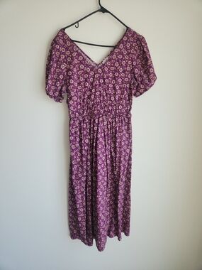 J. Crew Purple Floral V-Neck Midi with Puff Sleeves